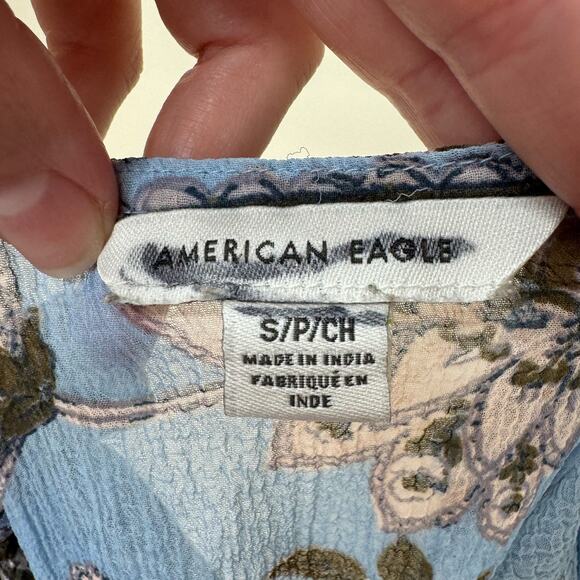 AMERICAN EAGLE Peplum Blouse Long Sleeve Paisley Floral Tie Back Blue Women's S - Picture 7 of 8